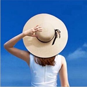 Double Couple Natural Tan Raffia Foldable Packable Sun Hat Black Ribbon Trim OS